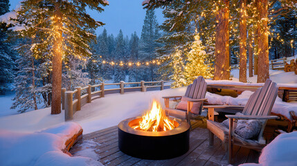Cozy outdoor winter scene with a fire pit surrounded by snow, string lights, and wooden seating amidst tall trees