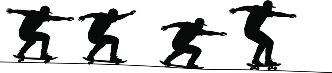 Silhouette sequence of skateboarder performing tricks on street ramp in vector design