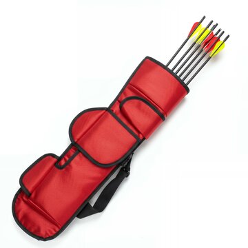 Red fabric archery quiver bag with colorful fletched arrows and shoulder strap, portable archery equipment storage for outdoor sports