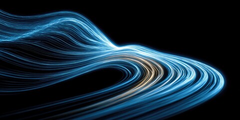 Abstract light trails swirling in blue and gold on black background