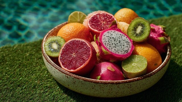 Vibrant Bowl of Assorted Tropical Fruit by the Swimming Pool. It's an excellent choice for travel blogs, health and wellness websites, summer-themed advertising, and content related to healthy living.