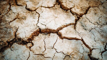 Obraz premium Close-up of cracked surface texture on arid desert ground, showcasing intricate details and rugged beauty with neutral background highlighting the detailed cracks.