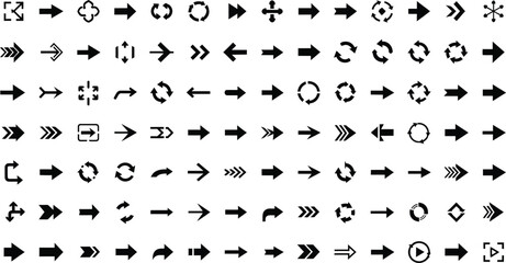 Black arrow collection on white, different shapes and directions