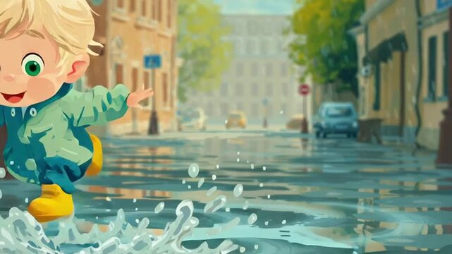  cute boy is jumping in a puddle 