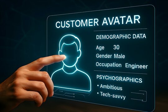 Customer avatar concept showing demographic and psychographic data of a male engineer, representing target audience for marketing and business strategy