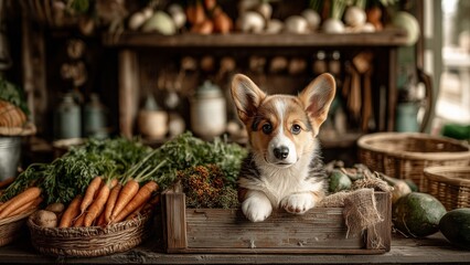 A Heartwarming and Authentic Scene of a Cute Dog and Fresh Produce in a Cozy, Rustic Countryside Setting. Ideal for blogs, social media, wholesome living, and country life.