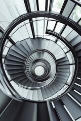 Fototapeta premium An aerial shot of a spiral staircase in a modern building, looking straight down to create a hypnotic geometric pattern.
