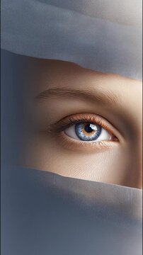 Surreal vertical video portrait of a beautiful woman. Beautiful eye with gray iris, the whole part of the face is covered with pieces of fabric.
