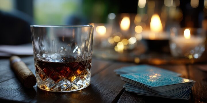 Relaxing evening with whiskey, cigars, and cards on a wooden table surrounded by warm candlelight