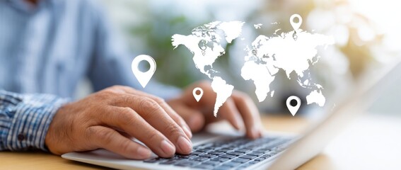 Person typing on a laptop with an overlay of a world map and location markers