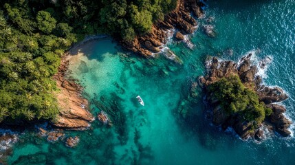 A solitary fishing vessel drifts serenely on the calm turquoise water beside a rugged ancient stone formation along the coast