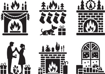 Fototapeta premium Cozy Christmas scenes with fireplaces and gifts
