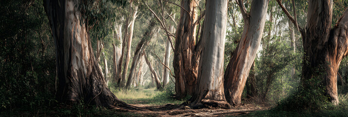 Serene Eucalyptus Forest: Experience the Majestic Beauty of Tall Eucalyptus Trees with this Stunning Nature Backdrop Ideal for Homes and Offices