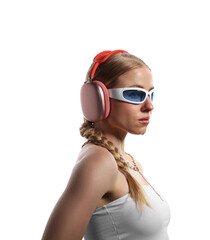 Fototapeta premium Beautiful woman in stylish sunglasses, necklace and headphones listening to music on white background