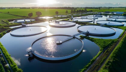 Aerial drone view of a modern wastewater treatment plant with large circular clarifiers reflecting the sunset