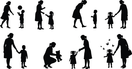 Silhouette, illustrations, parent, child, interaction, playing, teaching, bonding, nurturing, vector, art, educational, family, theme, flat, drawing, 