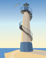 vector illustration of seascape, lighthouse, building, seagull, nature, summer