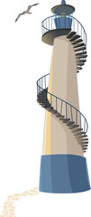 vector illustration of seascape, lighthouse, building, seagull, nature, summer