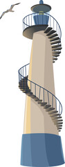 vector illustration of seascape, lighthouse, building, seagull, nature, summer