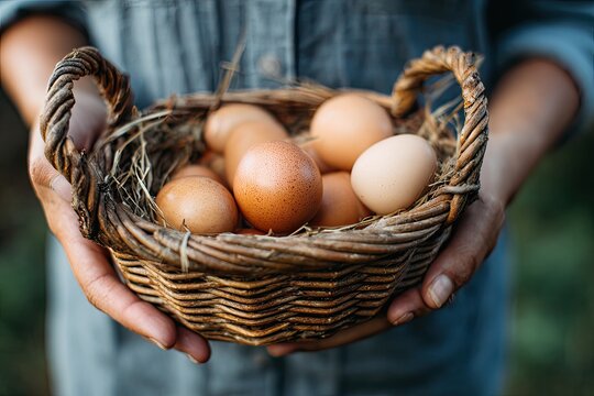 Hands holding a rustic wicker basket filled with eggs