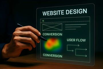 Hand using a digital pen to design website user interface, conversion flow, and user experience on a transparent screen with graphic elements and data visualization