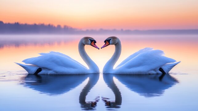 Two swans create a heart shape during sunrise.