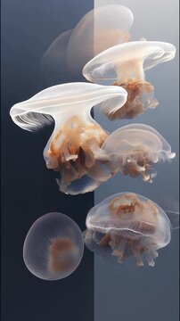 Surreal vertical video of floating jellyfish. Translucent jellyfish on a simple minimalistic background.