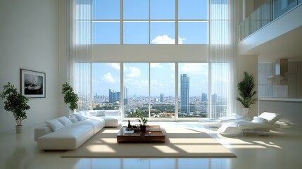 Fototapeta premium Bright open-plan apartment with a perfect Bangkok city view, contemporary glass-wall interior, high-rise skyline visible under a clear blue sky