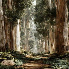 Serene Eucalyptus Forest: Experience the Majestic Beauty of Tall Eucalyptus Trees with this Stunning Nature Backdrop Ideal for Homes and Offices