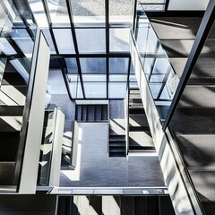 An aerial shot of a spiral staircase in a modern building, looking straight down to create a hypnotic geometric pattern.