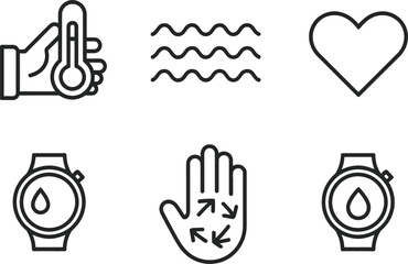 Obraz premium Collection of Health Icons Temperature in Hand, Waves, Heart, Smartwatch, Arrows