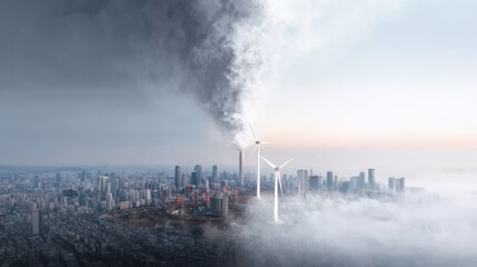 Obraz premium A city skyline under heavy smog vs. the same city under clear skies after renewable transformation, environmental progress visualized