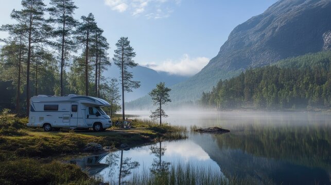 Camper van with an awning extended, parked beside Ramsko Lake, as a family prepares a fresh morning meal.