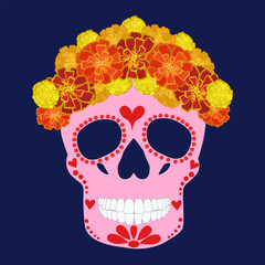 Day of the Dead festive skull in a wreath of marigolds, symbolic props for the traditional Mexican holiday