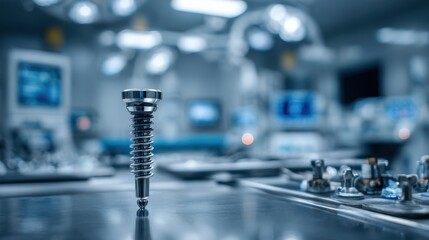 Sharp medium shot of a smart bone screw containing RFID torque readout capabilities set against an indistinct background of medical equipment to stress precision engineering.
