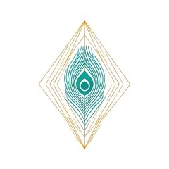 geometric peacock feather logo teal and gold lines white background