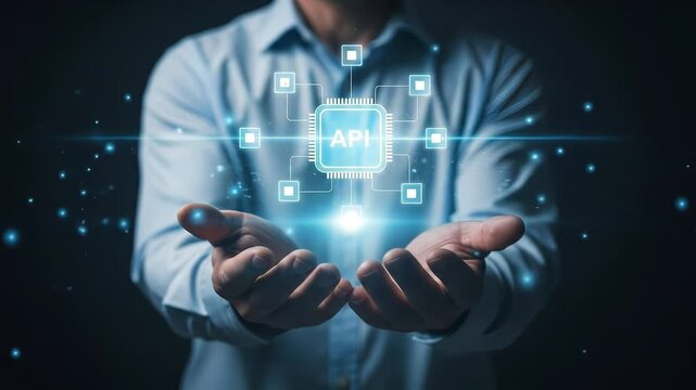 Man holding virtual glowing API icon with connected nodes, symbolizing software integration and data exchange. Concept of programming, technology and digital connectivity
