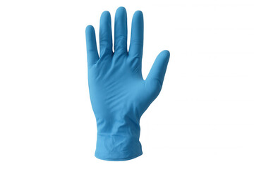 Obraz premium Hand wearing blue nitrile glove signaling stop gesture, symbolizing medical safety precautions on clean transparent surface
