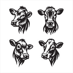 Stylized black and white cow head illustrations with varied expressions — ideal for farm animal vector art, dairy-themed graphics, and rustic livestock stock content