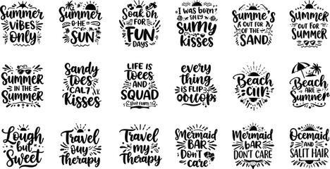 Fototapeta premium Summer quotes bundle, beach vacation typography, travel inspiration sayings, vector graphic design set