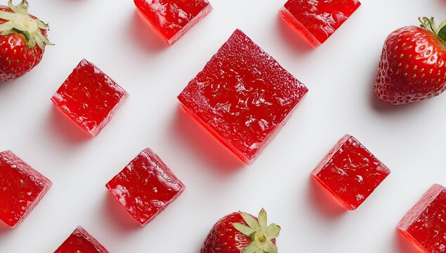 Red jelly cubes and fresh strawberries on white