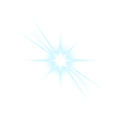 Lens flare with a realistic burst of blue light and sparkle trail. Transparent background for easy integration in design projects. Adds dynamic shine to your creations.