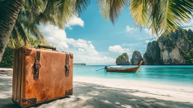 Vintage Suitcase on Tropical Beach with Longtail Boat