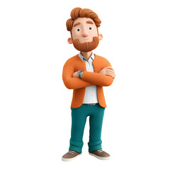 Obraz premium Confident Cartoon Man with Crossed Arms: 3D Character on Transparent Background