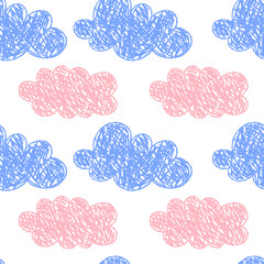 Seamless pattern of hand-drawn crayon clouds set. Kids print for preschool materials. Playful sky. Cute cartoon weather symbols. Isolated vector illustration