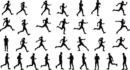 Silhouette, vector, running, walking, fitness, sports, motion, exercise, athlete, jogger, runner, movement, poses, illustration, dynamic, 