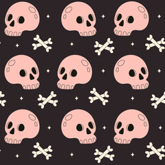 Bright seamless Happy Halloween pattern. Print with skulls with knives, zombie hands on a blue background. Design elements in flat style. Stock illustration. Design elements in flat style.