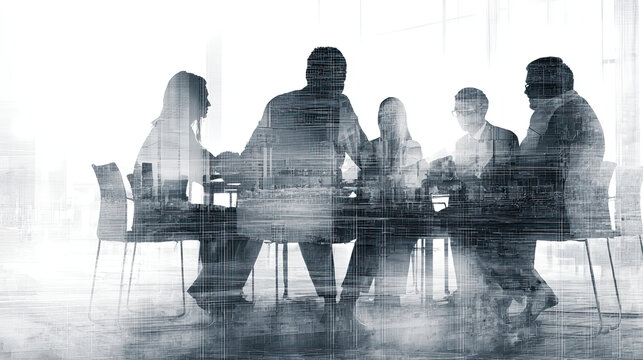 A group of business professionals gathered in a boardroom with glass walls, depicted in the style of double exposure photography against a white background