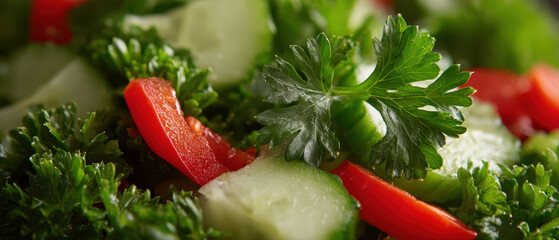Fresh parsley, cucumber, and red pepper salad close up
