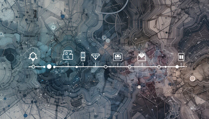 Dynamic data network visualization with timeline icons representing business progress and connectivity.